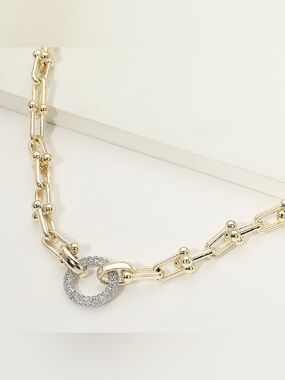 14K Gold Plated CZ Pave Ring Accent Industrial Link Chain Necklace